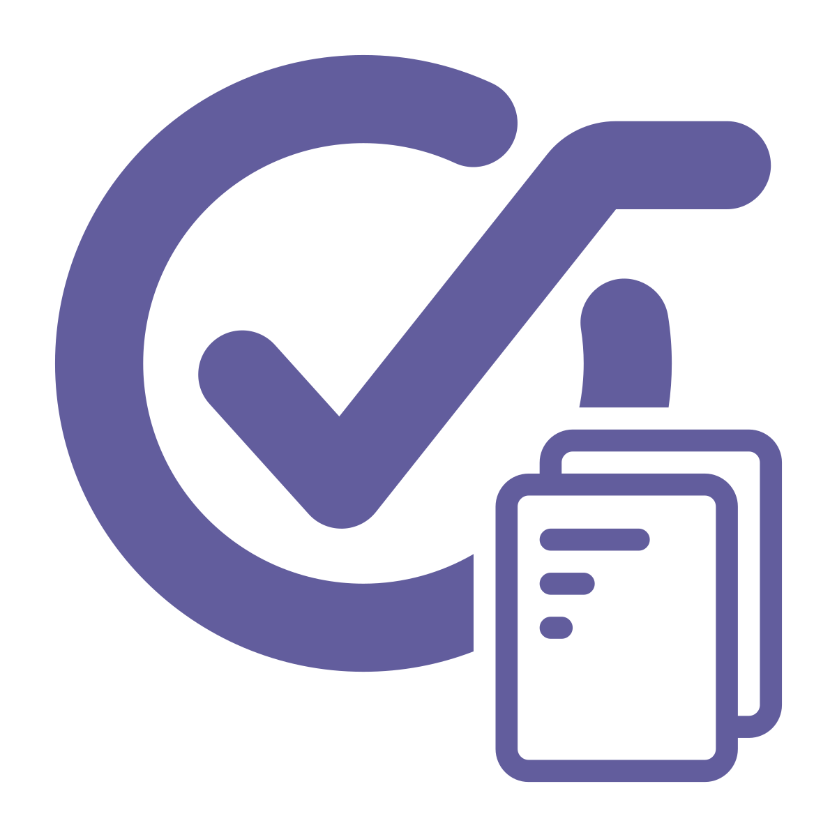 A purple check mark inside a circle, with a clipboard or document icon beside it.