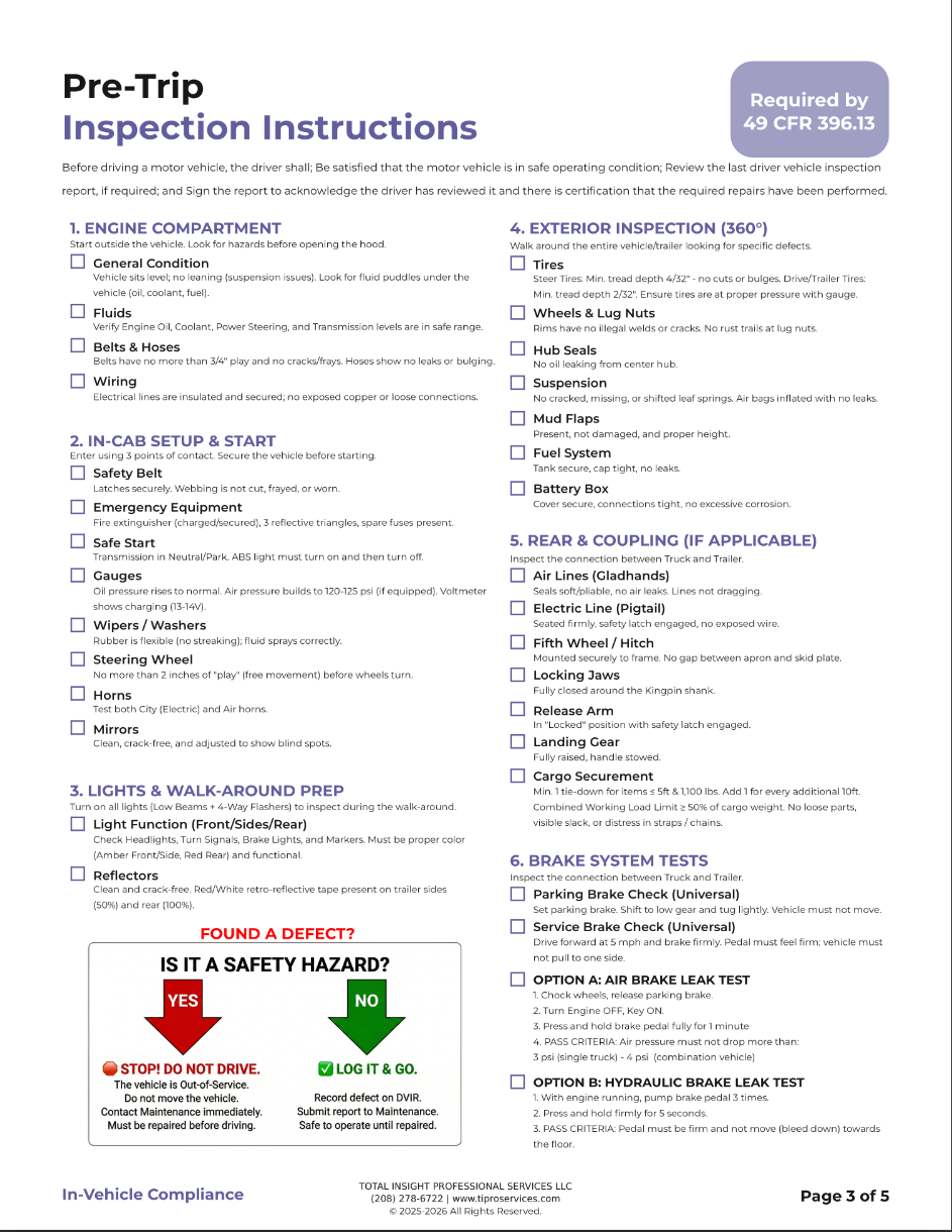 Pre-trip inspection checklist for vehicles, including engine condition, fluids, belts, wiring, exterior inspection, other checks, lights, walk-around prep, brake system tests, and safety procedures.