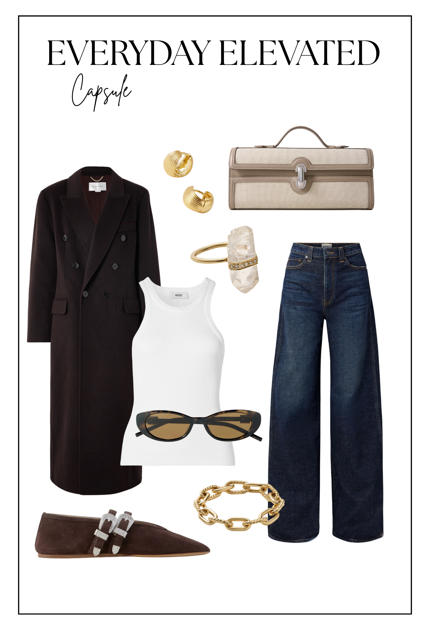 Conjunto de ropa y accesorios de moda que incluye un abrigo largo negro, camiseta blanca sin mangas, pantalones de mezclilla anchos, un par de gafas de sol, zapatos de gamuza marrón, varios accesorios dorados y un bolso beige.