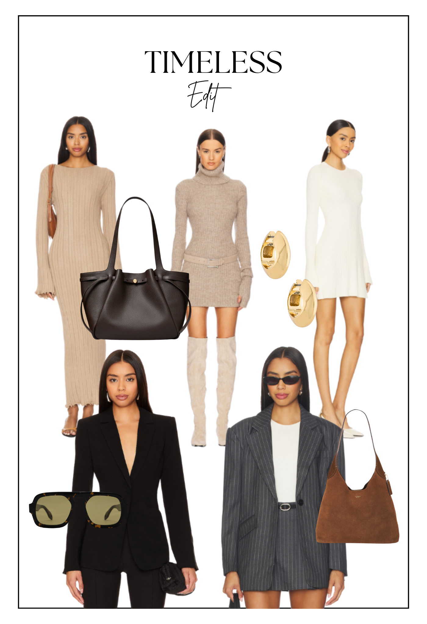 Mujeres con ropa y accesorios de moda, incluyendo vestidos, bolsos, gafas de sol, y aretes, en un estilo elegante y moderno.