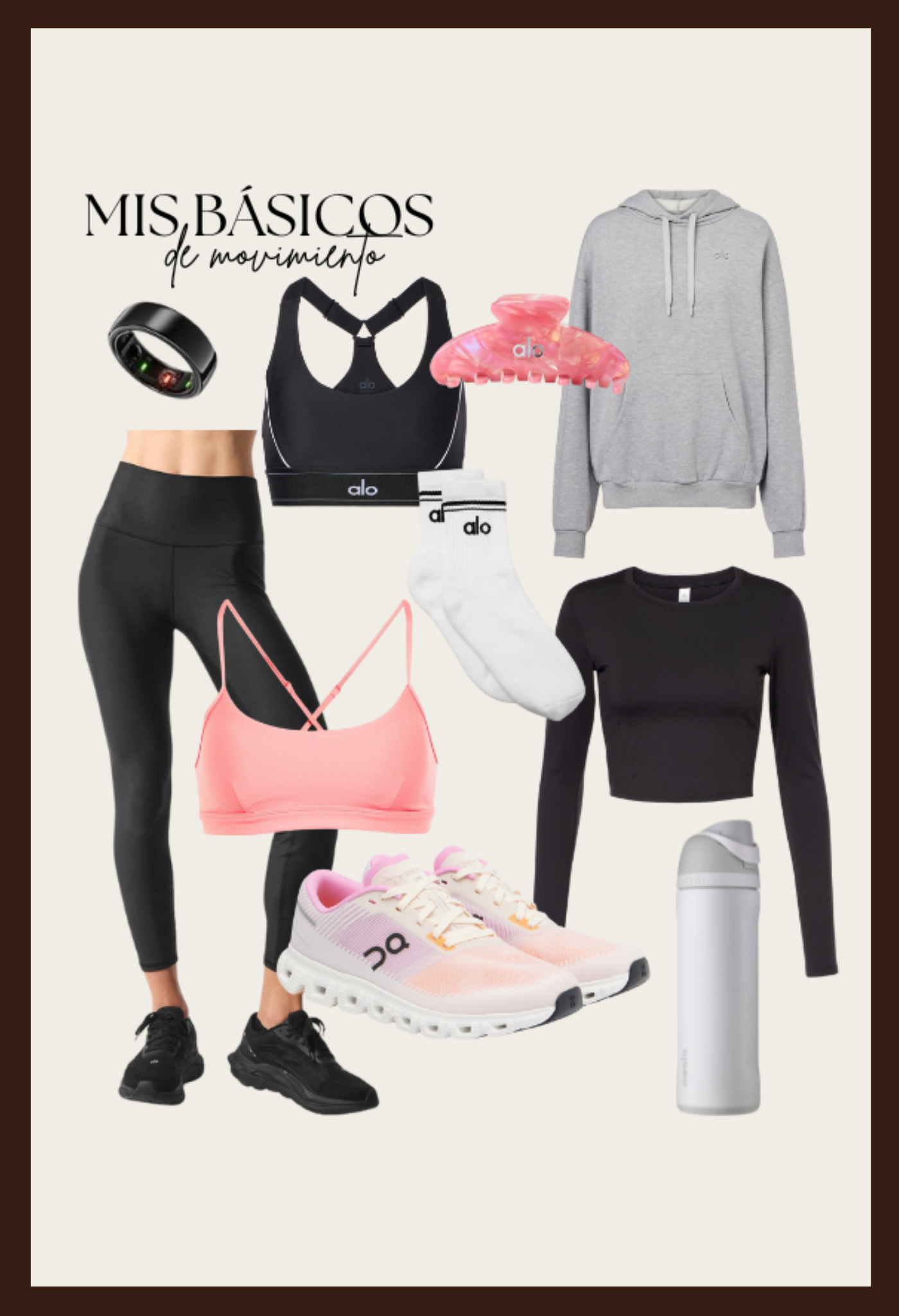 Conjunto de ropa y accesorios deportivos para hacer ejercicio, incluyendo leggings negros, sujetador rosa, camiseta negra, sudadera gris, zapatos deportivos rosa y negro, calcetines blancos, una cremallera blanca, una banda de seguimiento de actividad y un recipiente para agua, con texto en español que dice "Mis básicos de movimiento".