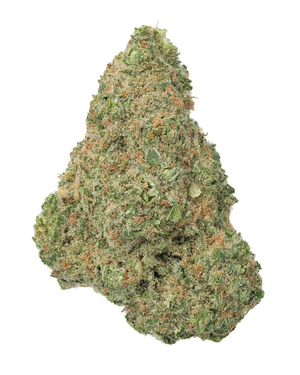 Close-up of a dense cannabis bud with green and orange hues, covered in trichomes.