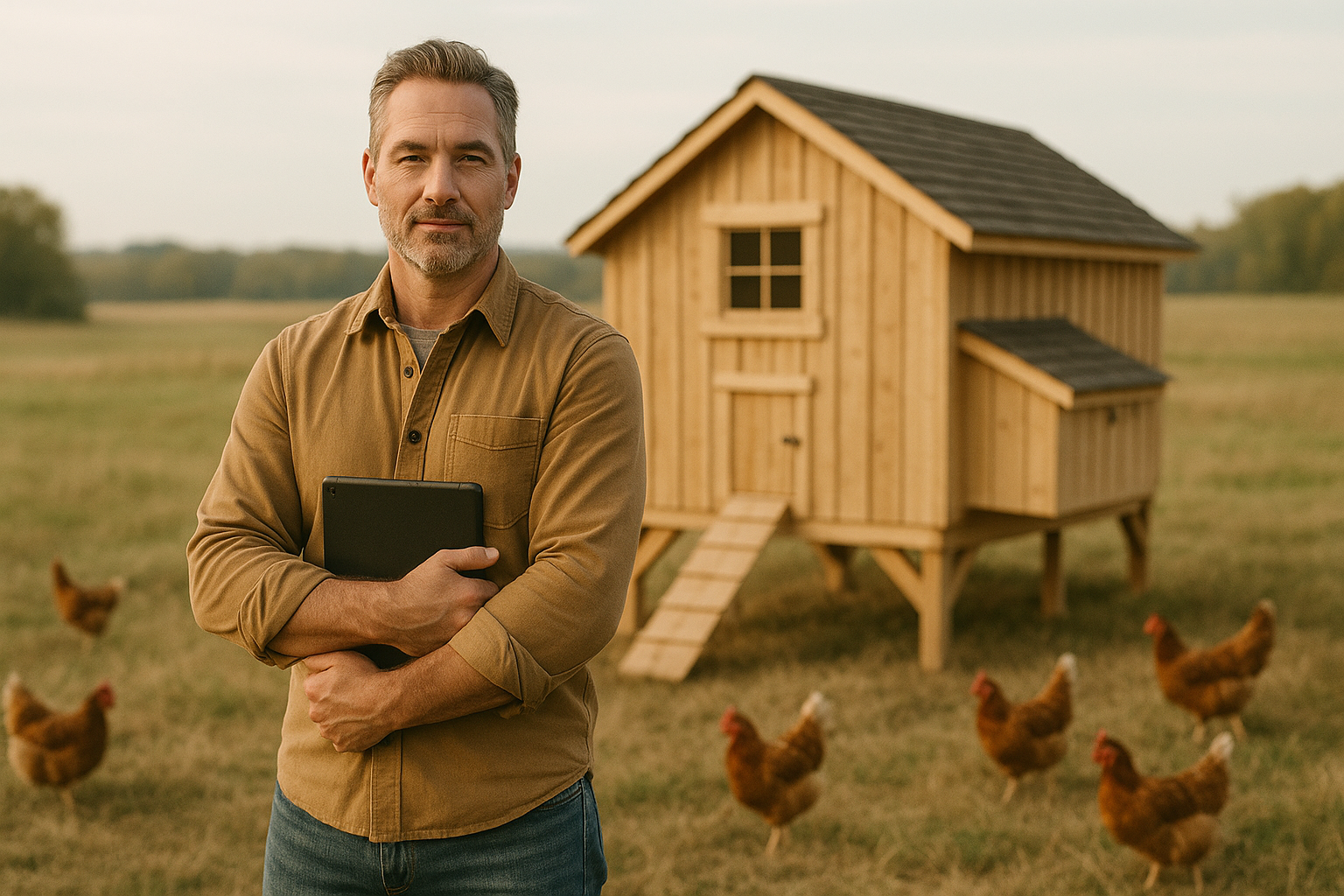 A man standing in front of a chicken coop on a farm, holding a tablet, with chickens roaming on the grassy field.
