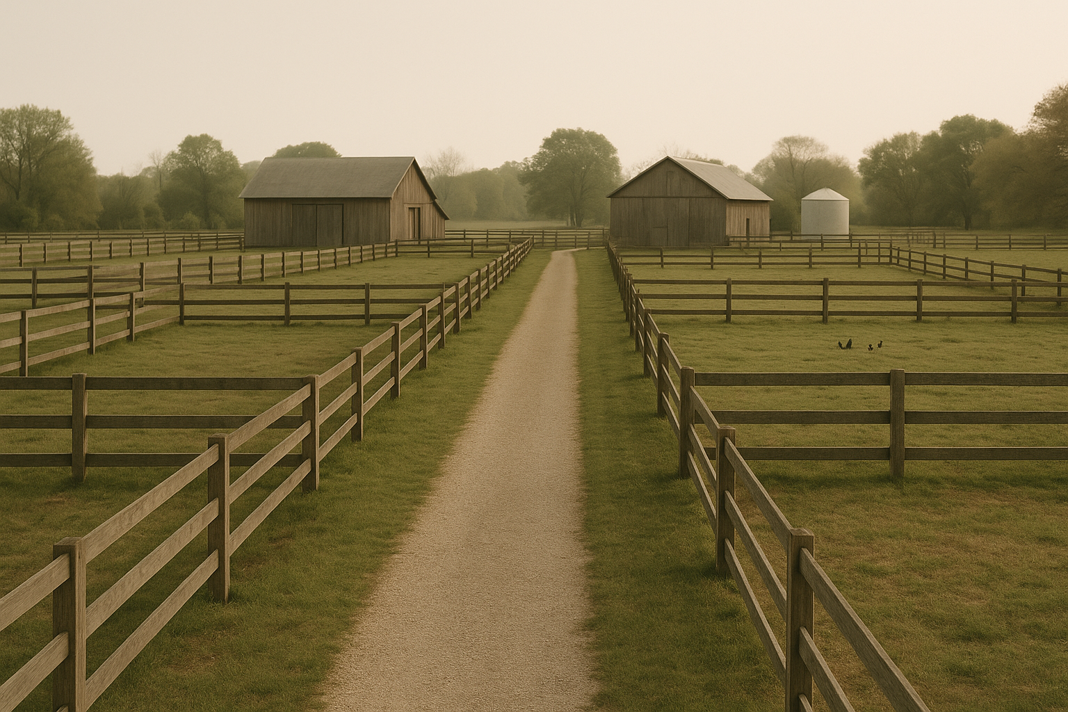 A dirt pathway running through a farm with wooden fences on both sides, leading to two barns and a silo in the distance under a hazy sky.