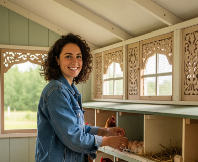 Woman next to cute nesting boxes inside her chicken coop