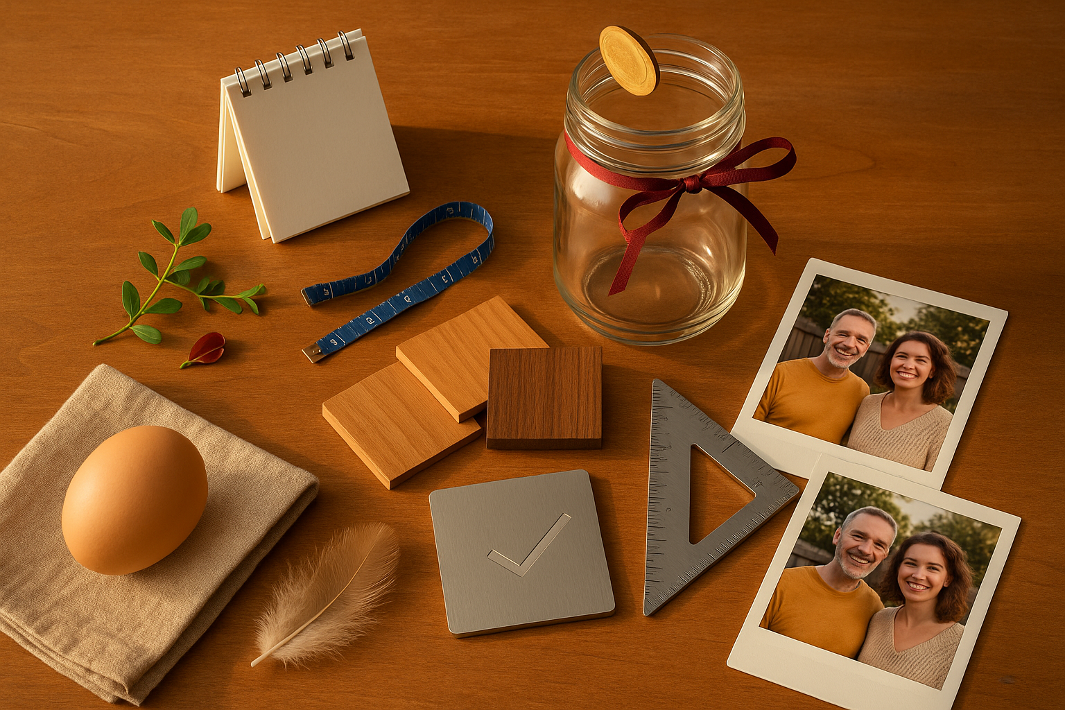 Arranged items on a wooden surface including a blank notepad, green leaves, a measuring tape, wooden sample tiles, a photo of a smiling man and woman, a mason jar with a ribbon, a gray square with a checkmark, a triangular ruler, a feather, and an egg on a cloth.
