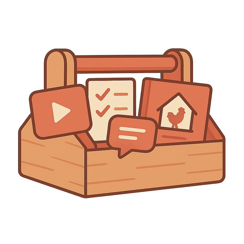 A wooden box containing various digital icons and images related to online content, including a play button, checklist, chat bubble, and a picture of a chicken inside a house.