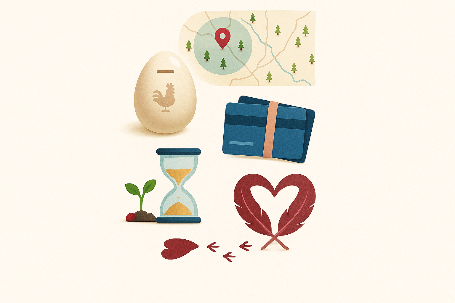 Collection of travel and nature-themed illustrations including a map with a location pin, an egg with a rooster symbol, a blue suitcase, an hourglass with a small plant, a heart shape formed by leaves, a broken heart with arrows, and a small red berry.