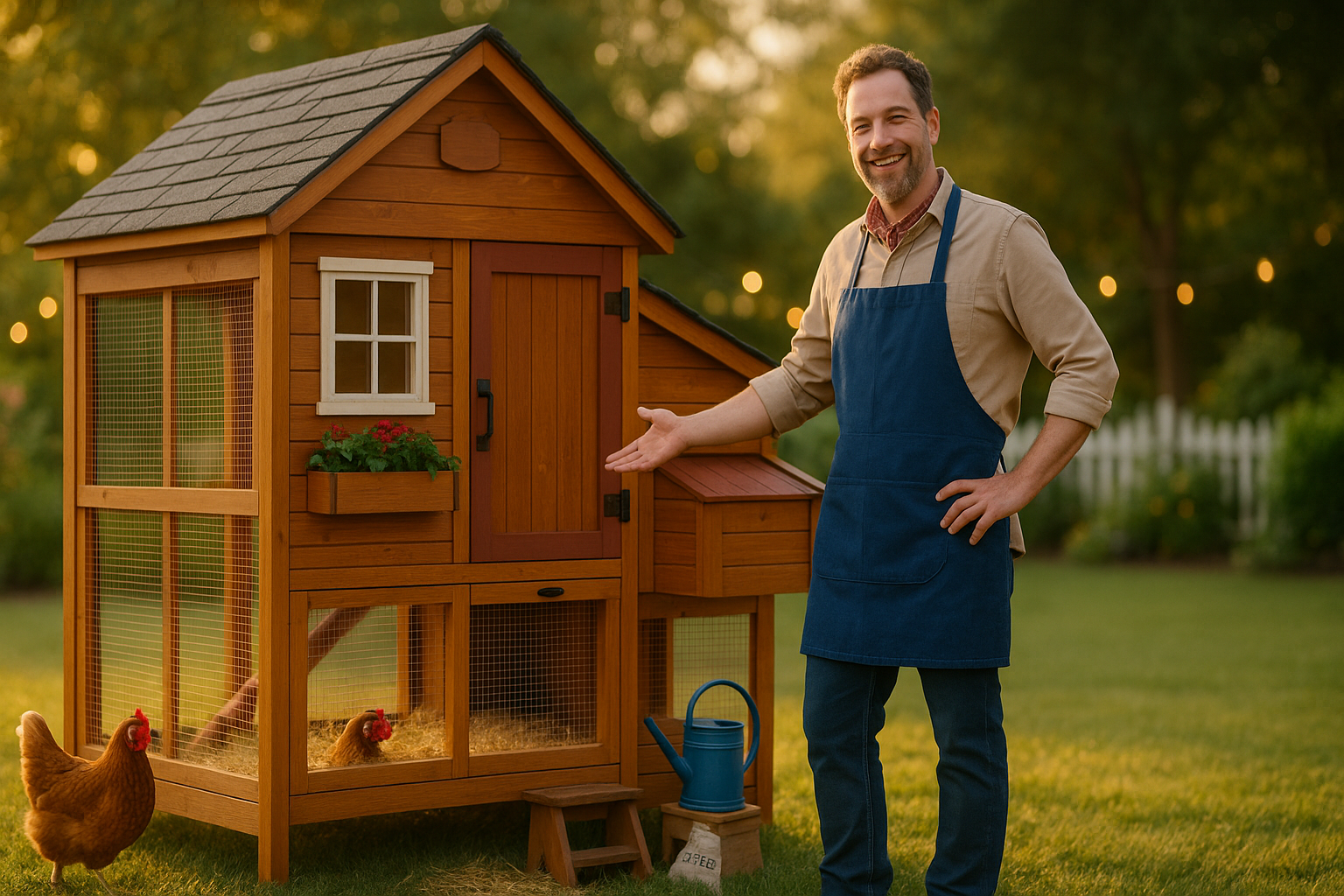 A man in a beige shirt and blue apron standing next to a wooden chicken coop with chickens inside, smiling and gesturing towards it in a backyard with green trees and a white fence in the background at sunset.