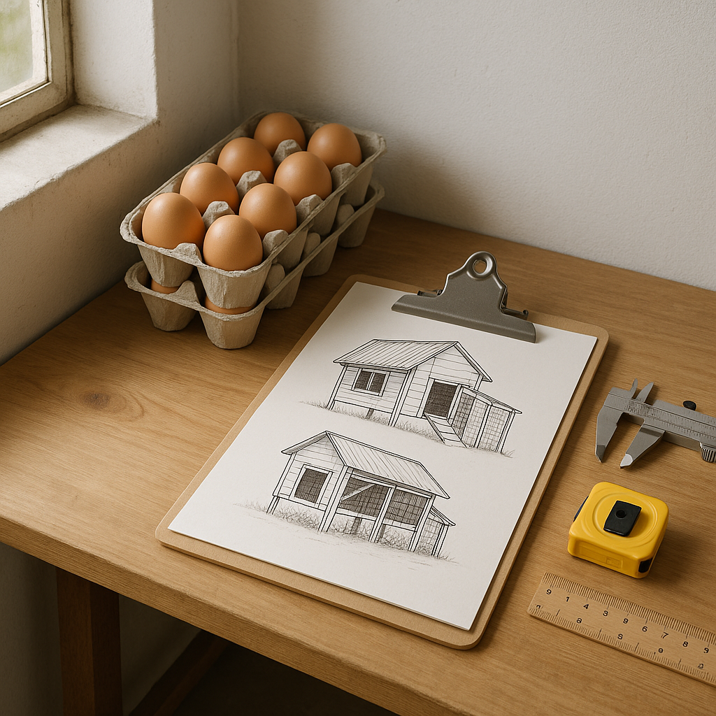 Sketches of a small house on a clipboard, a tray of brown eggs, a measuring tape, and a caliper on a wooden desk near a window.