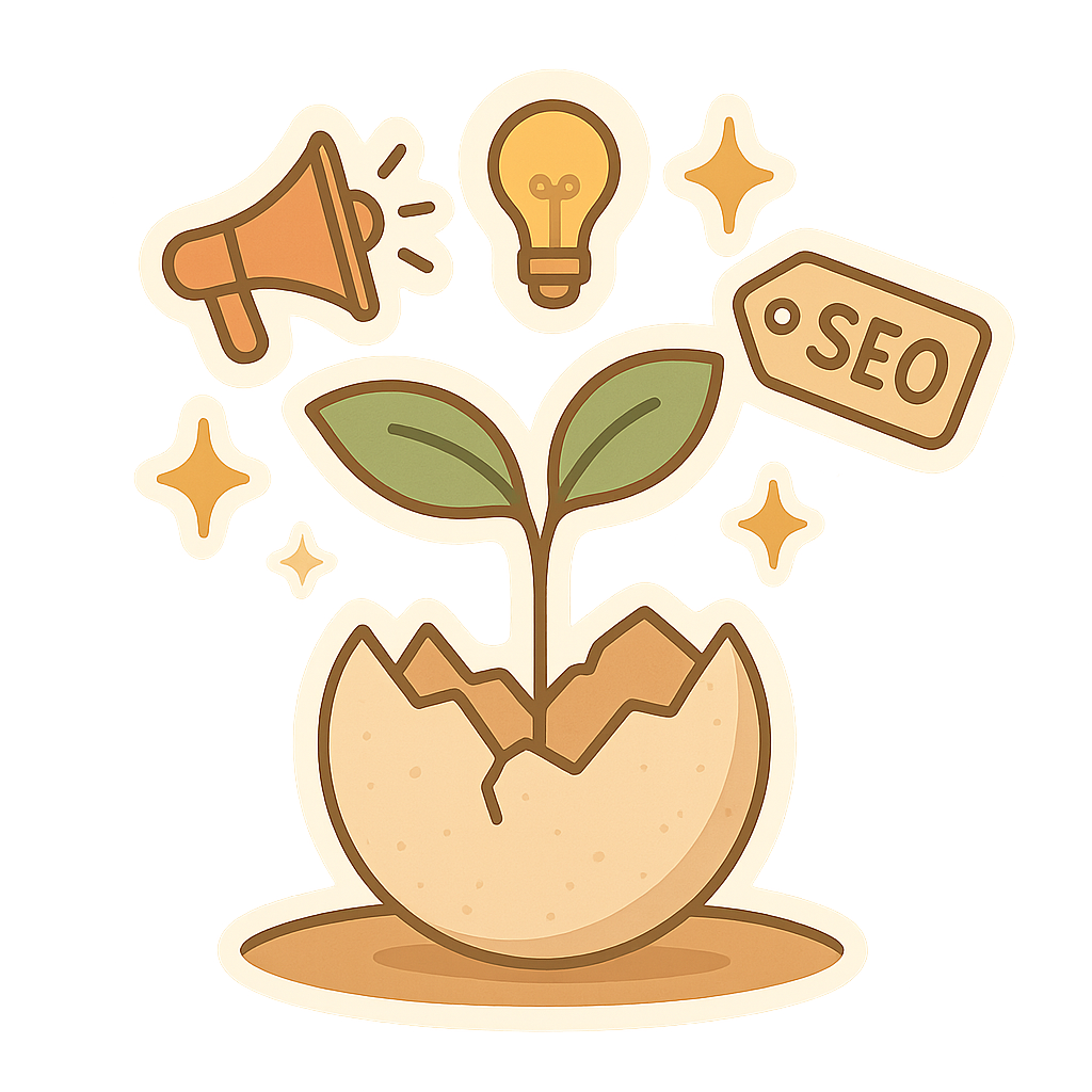A cartoon illustration of a sprouting plant growing out of an eggshell with a SEO tag, lightbulb, megaphone, and stars around it.