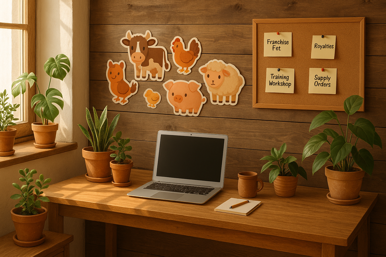 A cozy wooden desk near a window with potted plants, a laptop, a mug, and a notepad with a pen. The wall behind has cartoon farm animals and a corkboard with notes about franchise, royalties, training workshop, and supply orders.
