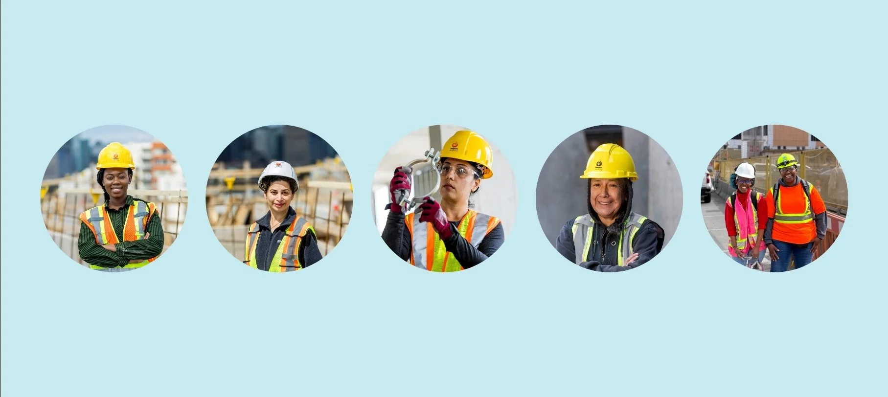 Photos of women working in construction wearing hard hats and high-visibility safety vests on job sites, representing women in skilled trades and construction careers in Canada.