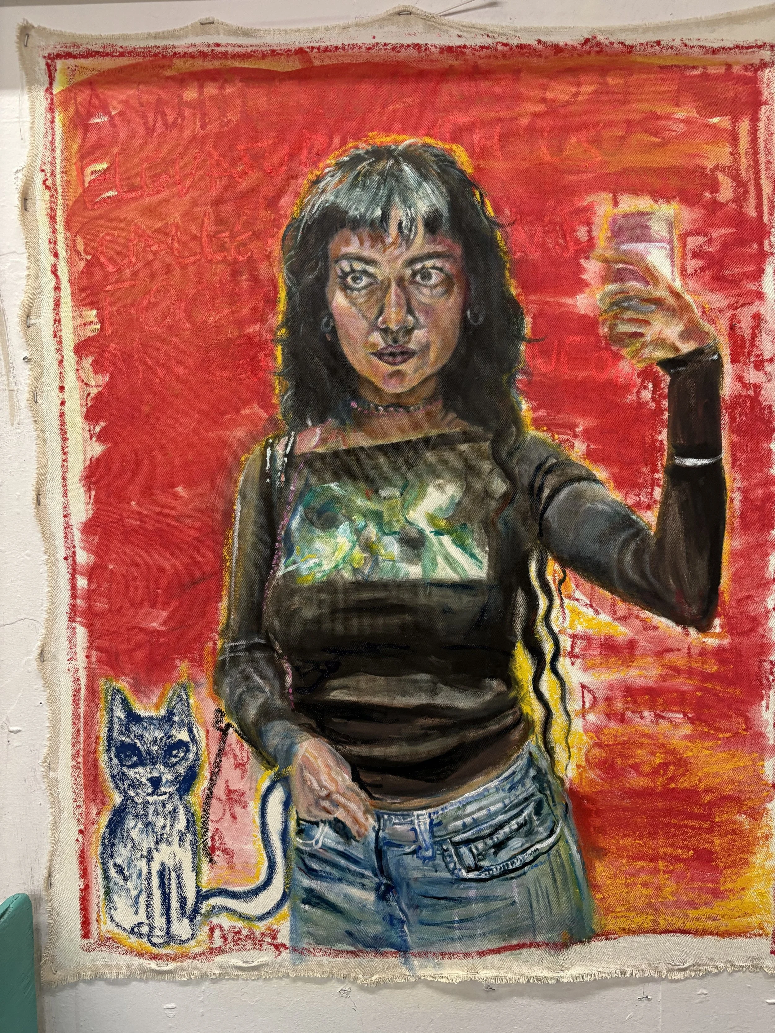 Illustration of a woman taking a mirror selfie. He has dark hair, a black shirt, jeans, and a cat in the photo
