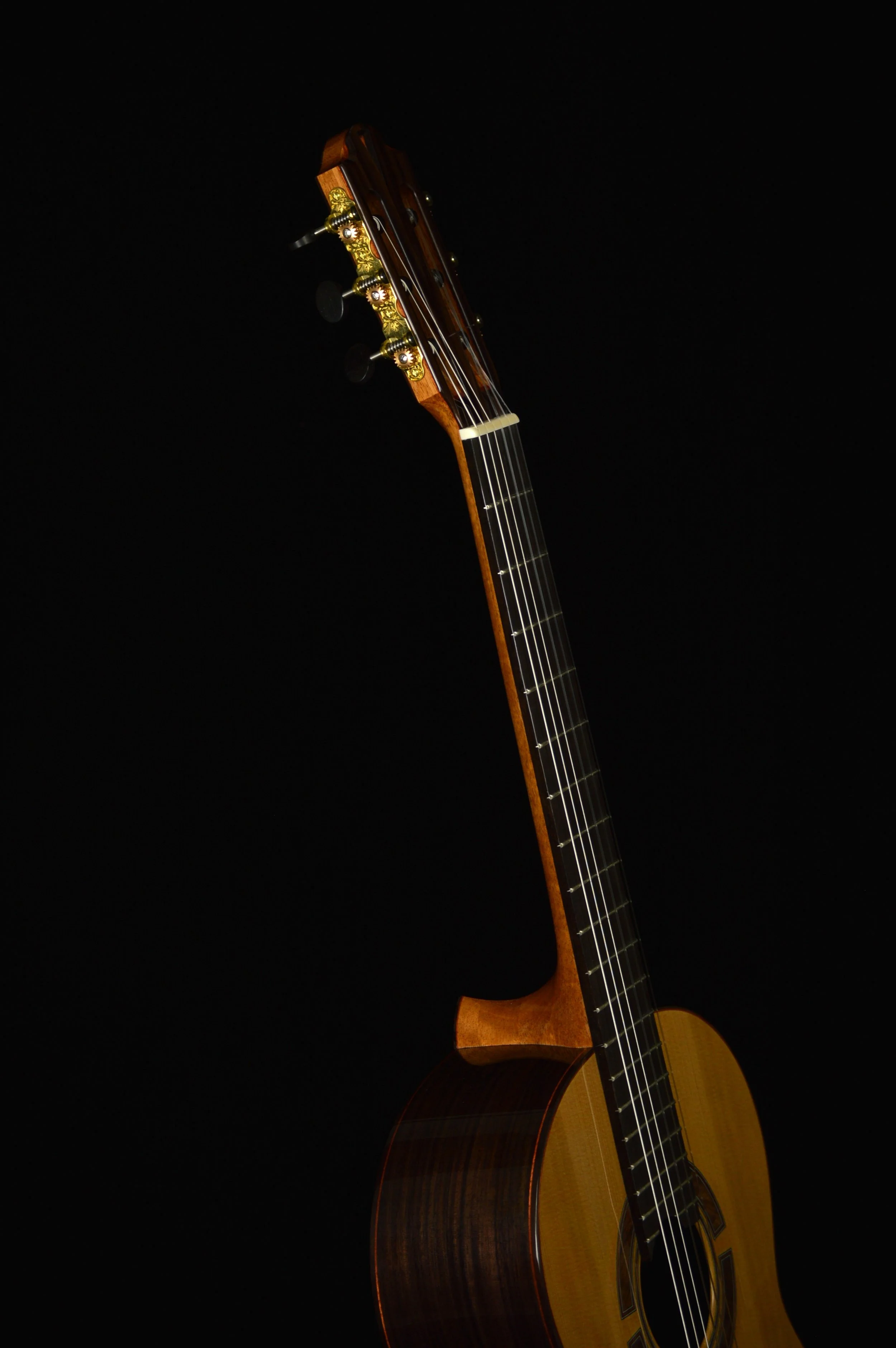 Side view of a classical guitar with rosewood back and sides