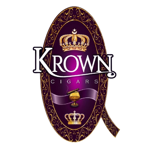 Logo for Krown Cigars featuring a purple and gold crown, ornate border, and a cigar with a golden ashtray.