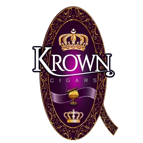 Logo for Krown Cigars featuring a throne and crown, with purple and gold accents and ornate border elements.