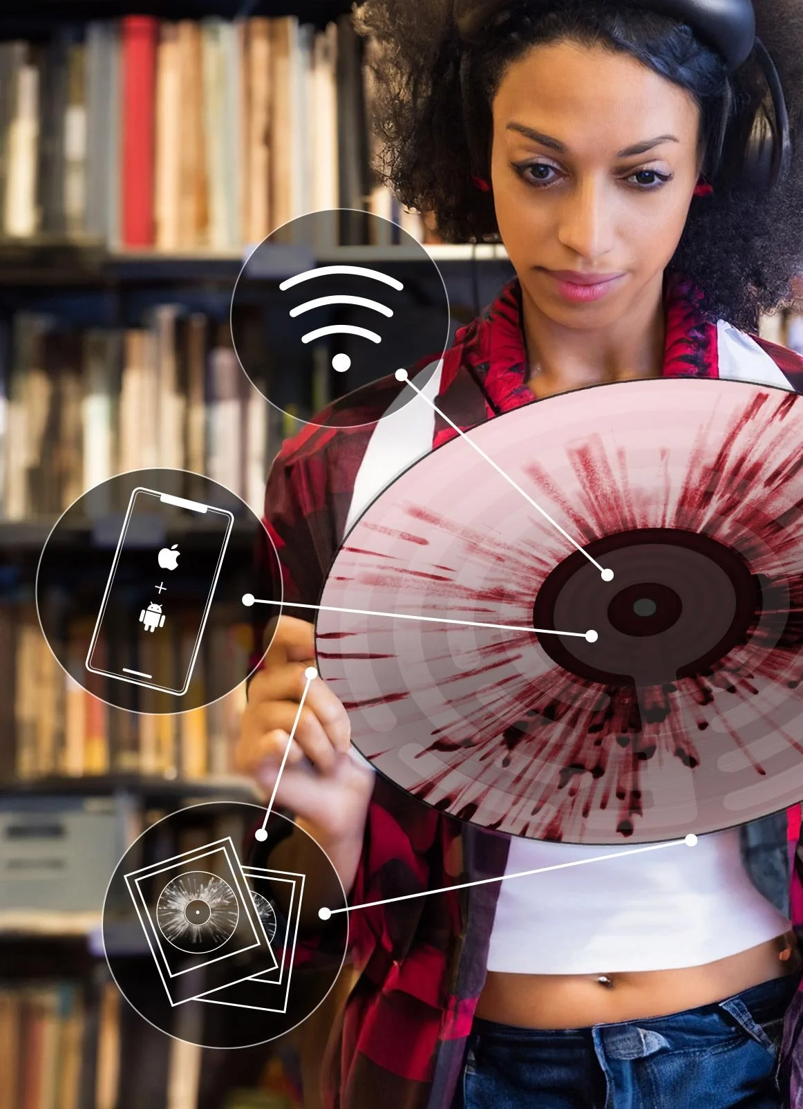 A woman wearing a red flannel shirts holds a vinyl LP with a pink splatter design. Three icons overlayed on the image show how to access the embedded NFC chip.