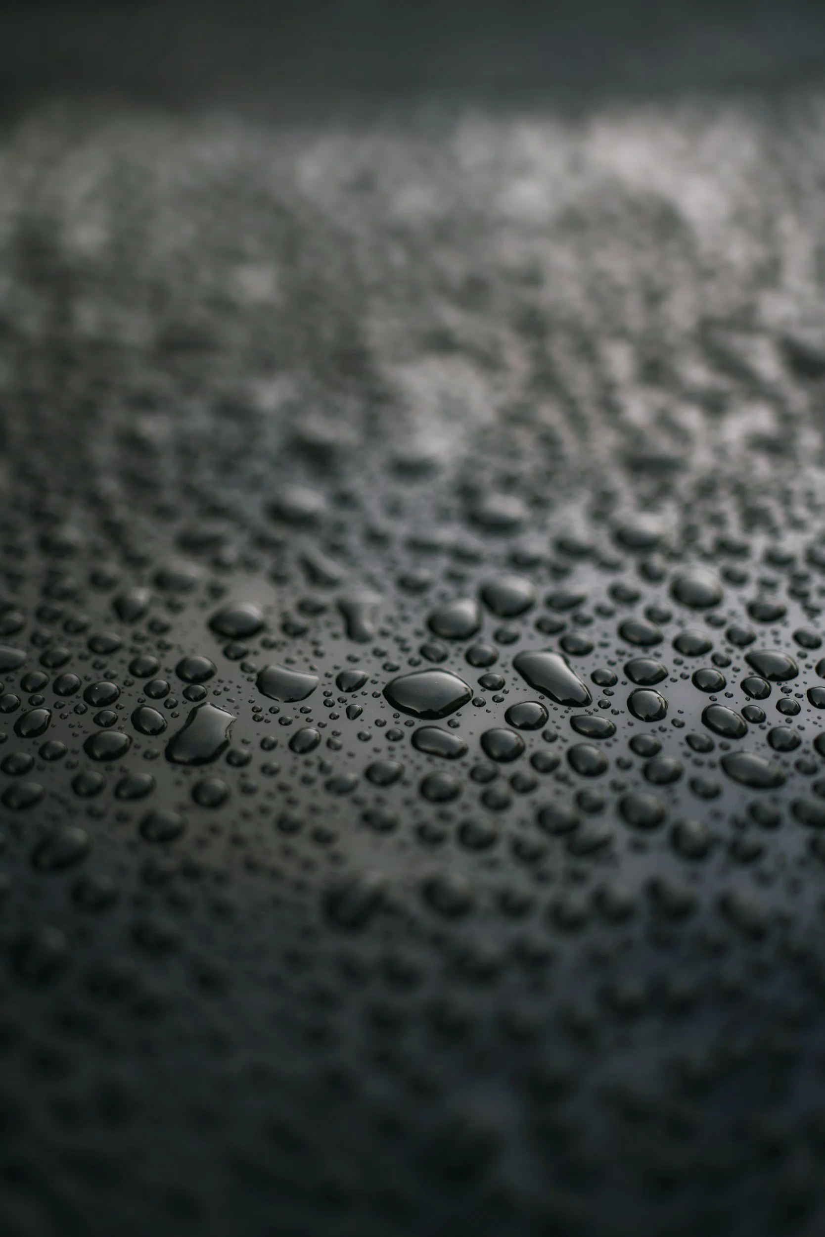 Macro photography of extreme water beading on a dark vehicle surface, showcasing the durable, hydrophobic performance of Nano Diamond 10H ceramic coating in Kelowna, BC.