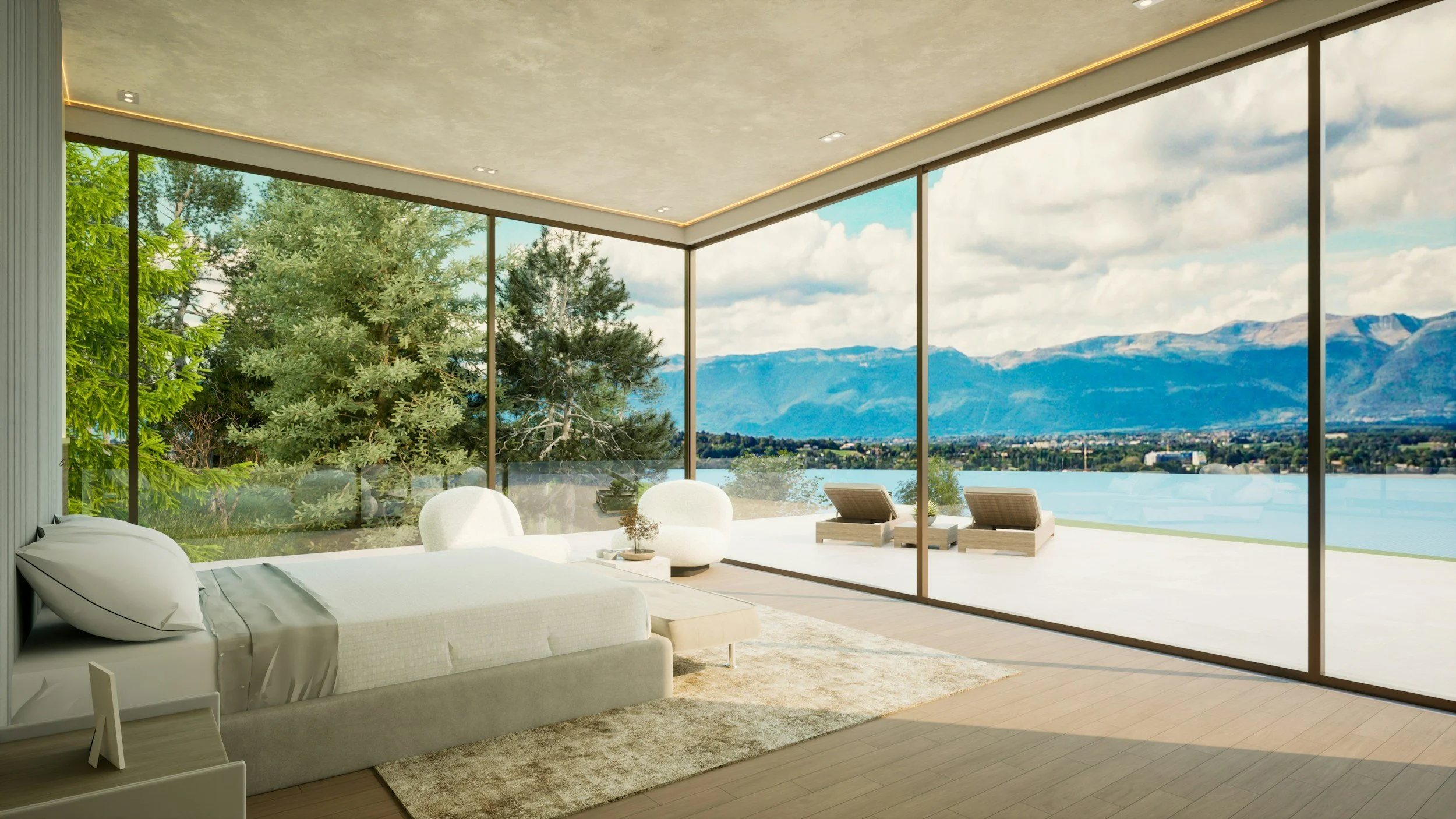 Luxury bedroom with floor-to-ceiling windows overlooking a lake, treated with Nano Diamond hydrophobic residential window coating for unobstructed views and self-cleaning performance in Kelowna, BC.
