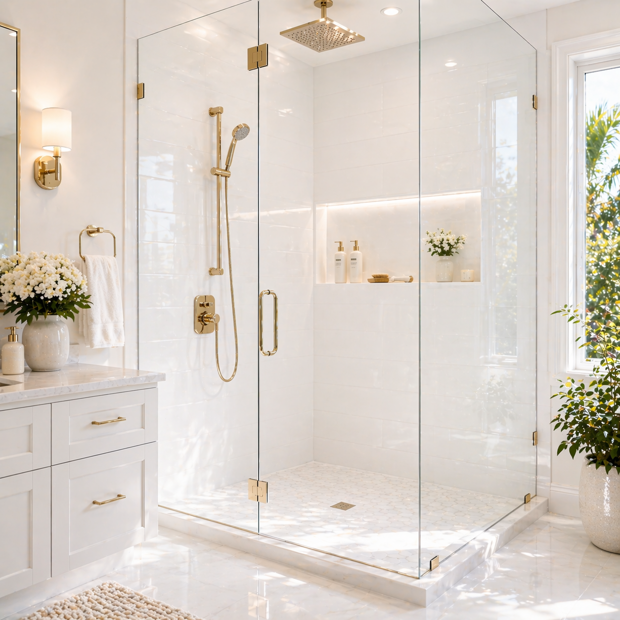 Luxury glass shower enclosure with Nano Diamond hydrophobic coating in Kelowna, BC. Prevents hard water spotting and mineral buildup on shower doors for easy cleaning and crystal-clear results.