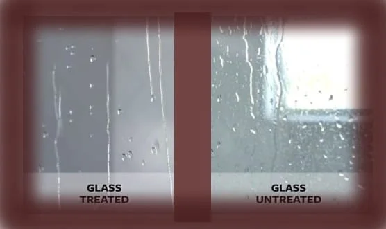 Visual comparison of treated vs. untreated glass using Nano Diamond hydrophobic coating. Showcases the easy-clean effect and water sheeting on residential windows and glass railings in Kelowna, BC.