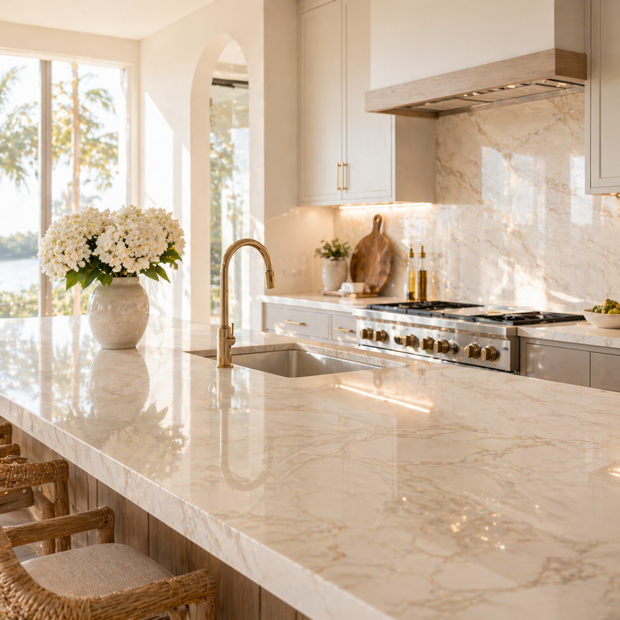 Luxury kitchen with quartz countertops and stainless steel appliances protected by Nano Diamond food-safe ceramic coating. Professional stain and fingerprint resistance for granite and stone surfaces in Kelowna, BC.