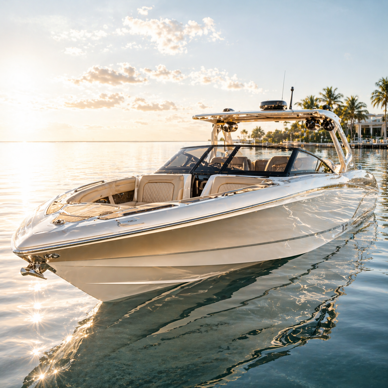 Luxury boat on the water protected by marine-grade nano ceramic coating. Nano Diamond provides specialized boat hull protection and hydrophobic coatings for marine craft in Kelowna, BC.