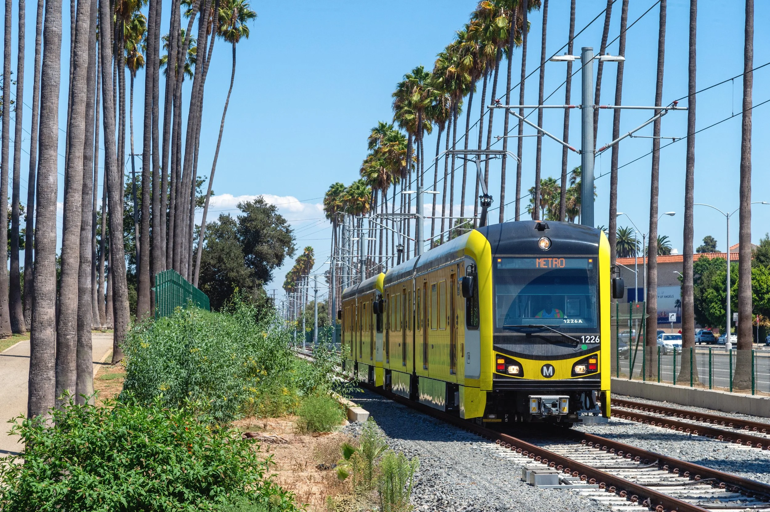 Los Angeles Metro bus at city street stop.