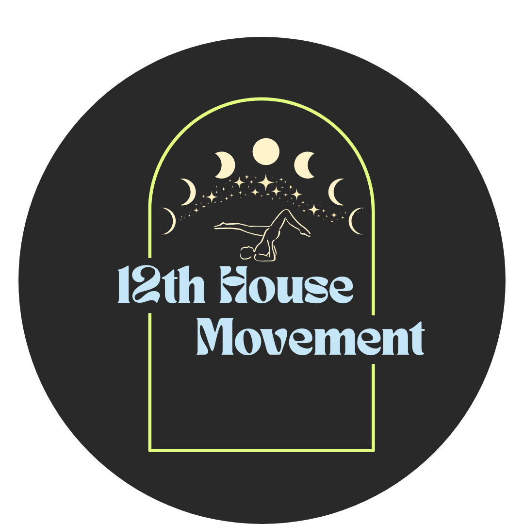 Logo for 12th House Movement featuring phases of the moon, stars, and a person doing yoga in a headstand inside a doorway outline.