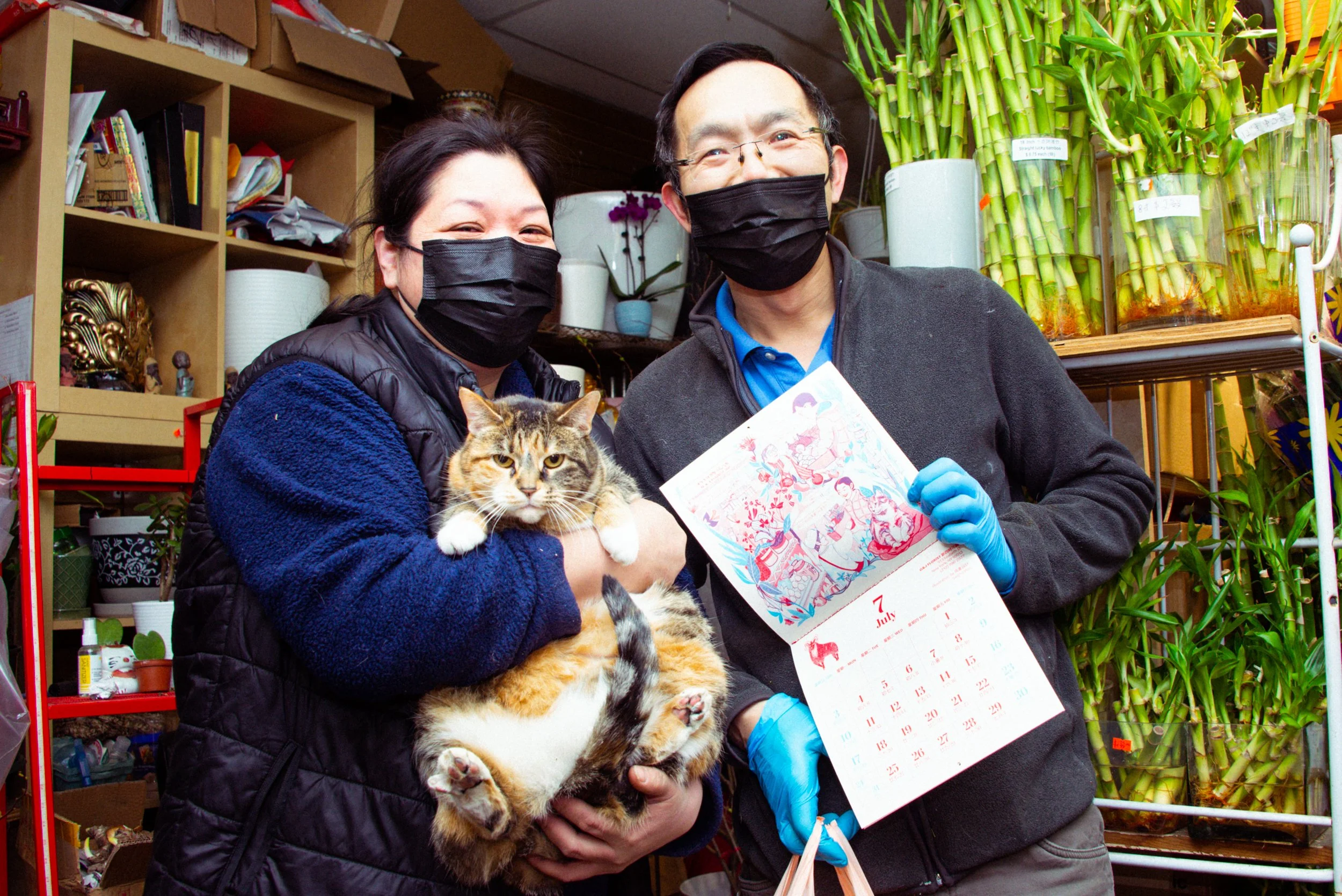 Two people wearing black masks and blue gloves are standing in a plant shop. One woman, holding a large, fluffy calico cat, is smiling at the camera. The man is holding a colorful calendar with traditional Asian artwork, and there are tall bamboo plants behind them.