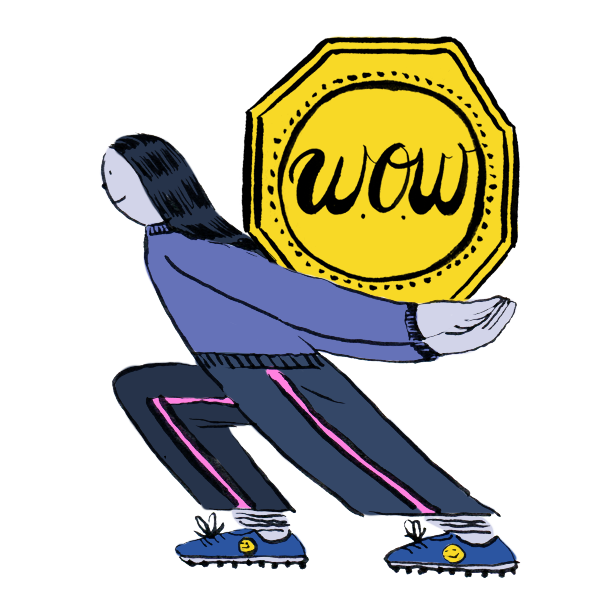 Cartoon of a person on roller skates holding a large yellow coin with the word "wow" written on it.