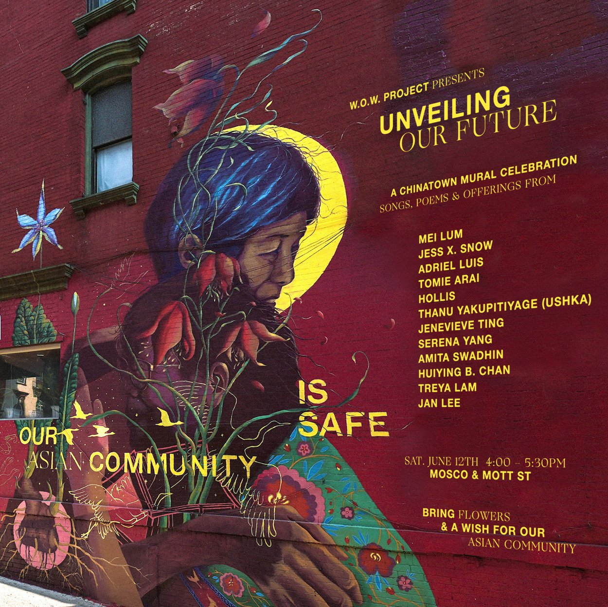 A mural featuring a woman with dark blue hair, surrounded by flowers and plants, with a yellow moon in the background. The mural promotes an event titled 'Unveiling Our Future' celebrating Asian community and culture, with details about the date, location, and activities.