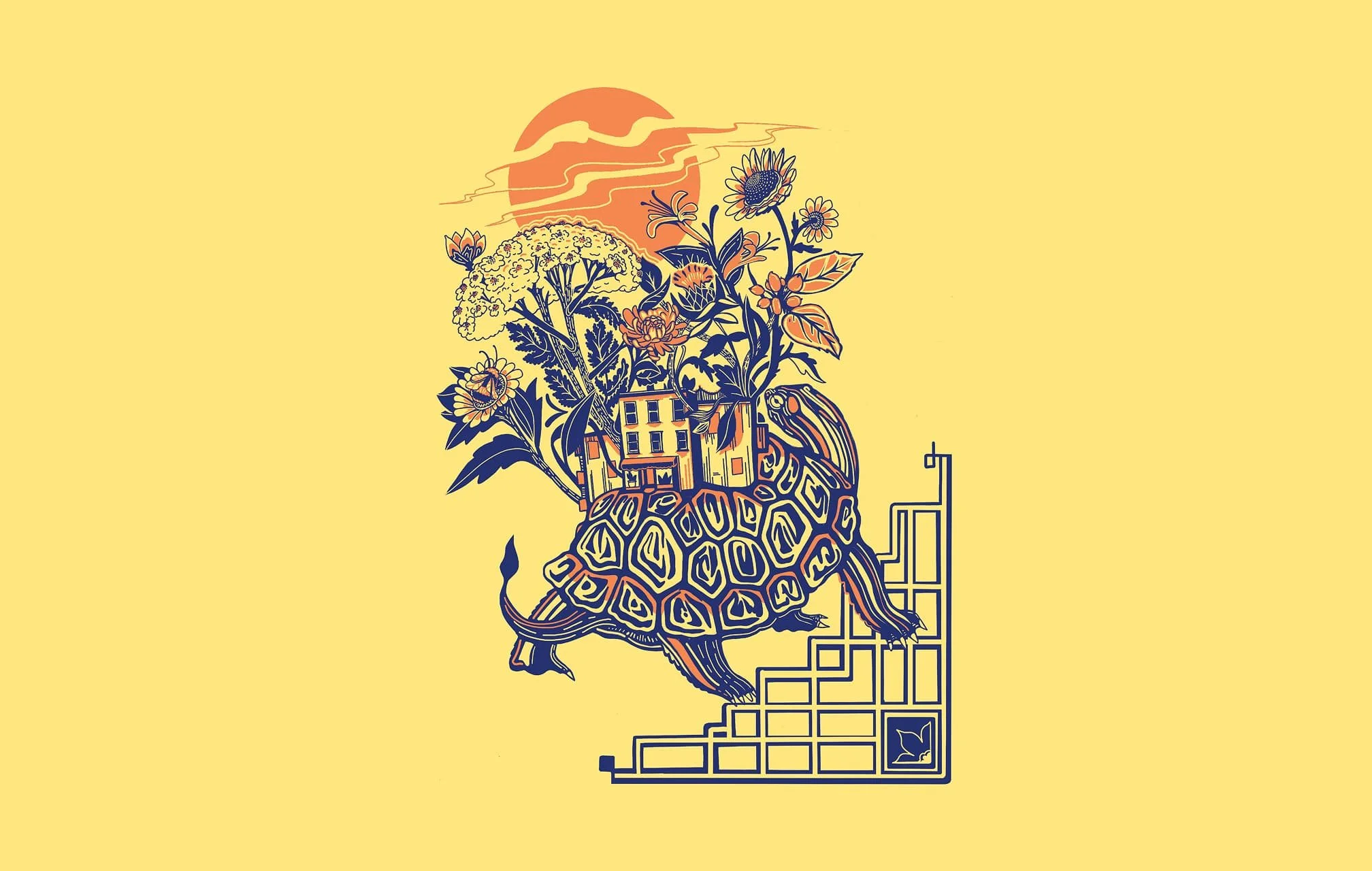 A turtle with a shell filled with colorful flowers, plants, and a house, as the sun rises in the background.