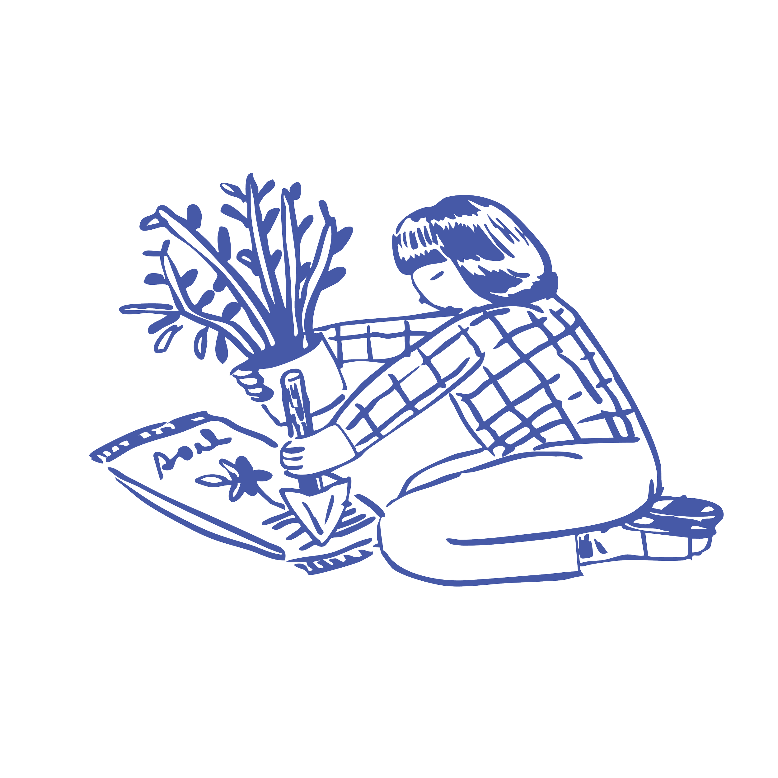 Line drawing of a person kneeling on the ground, planting a small tree in a garden.