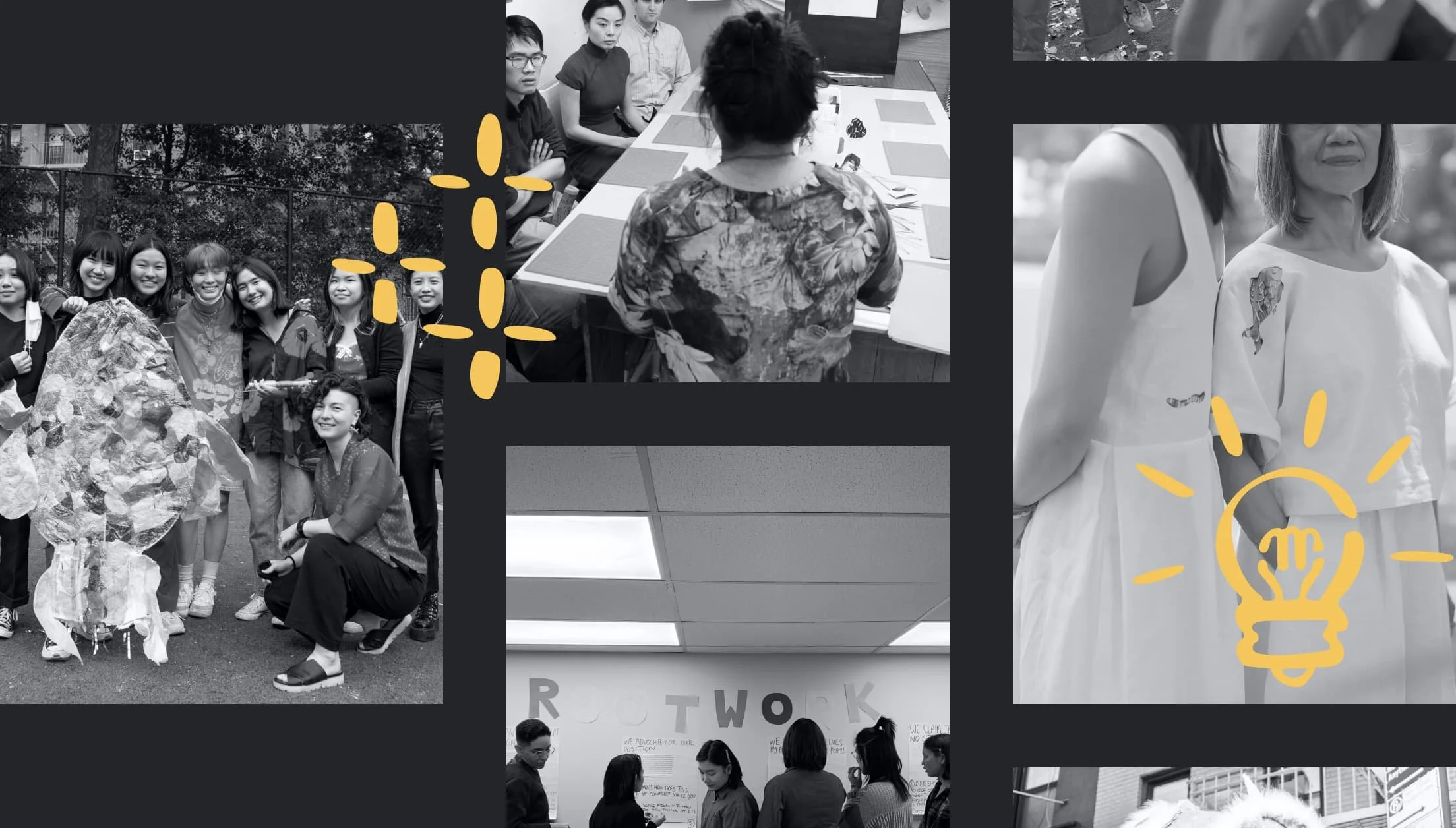 A collage of black and white photos depicting various social and creative activities, including a group of young women posing outdoors with artwork, a woman sitting at a table for a meeting, a woman and a girl talking outdoors, a group of people discussing in front of a wall with "PROJECT WORK" written on it, and people working in an office or classroom.