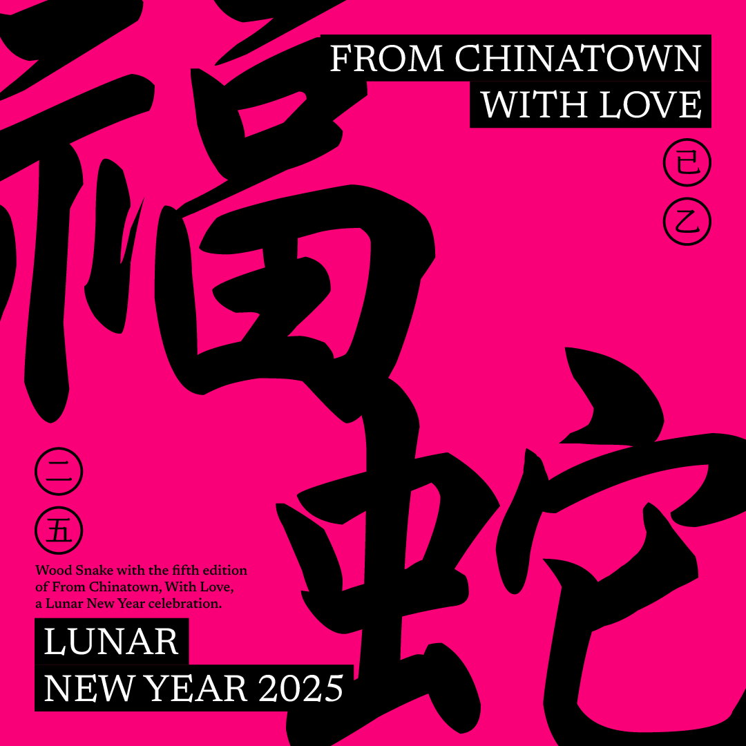 Bright pink poster with large black Chinese characters and smaller white and black text celebrating the Lunar New Year 2025, referencing Chinatown and a Wood Snake theme.