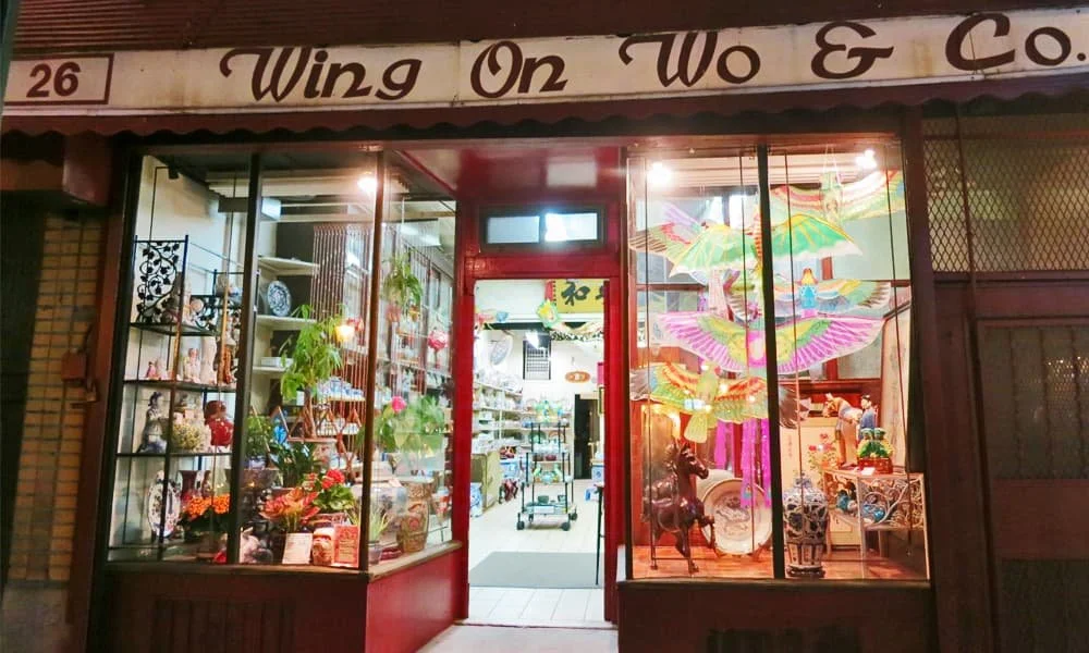 Storefront window display with various decorative items, plants, and colorful umbrellas hanging inside.