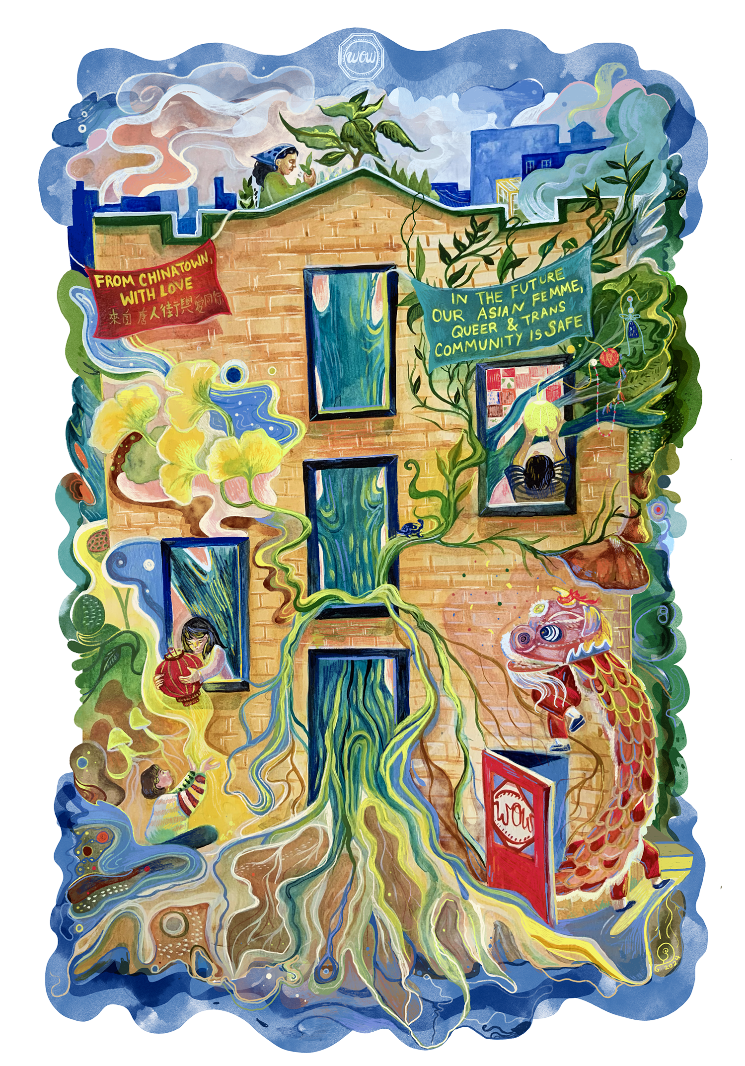 Colorful mural illustrating a brick building intertwined with tree roots, featuring people by windows, banners with messages about Asian and LGBTQ communities, a dragon, and various plants, blending urban and nature themes.