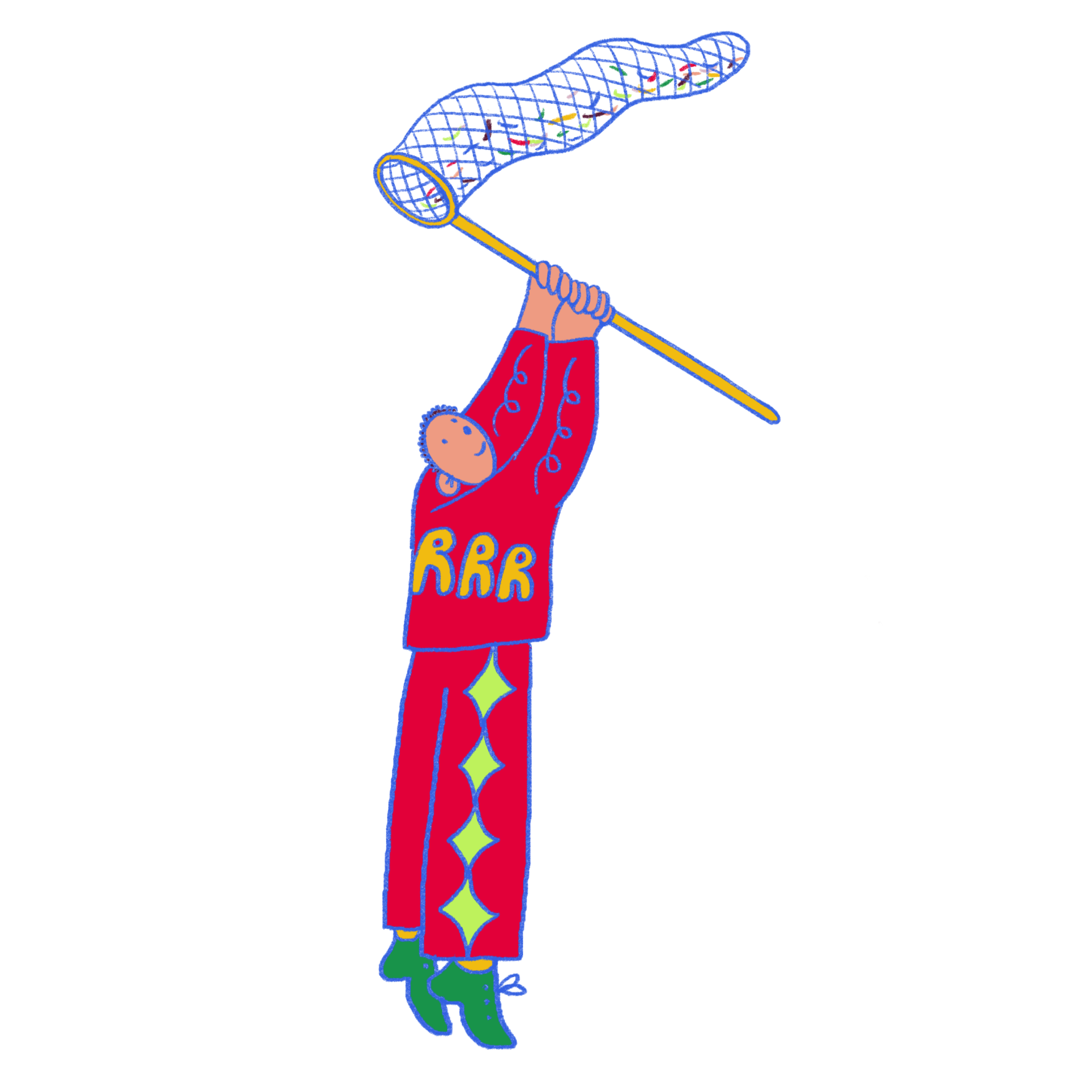 A cartoon person wearing a red outfit with yellow 'RRR' letters, plastic green shoes, and holding a blue net, hanging from the edge of a black and white structure, reaching out.