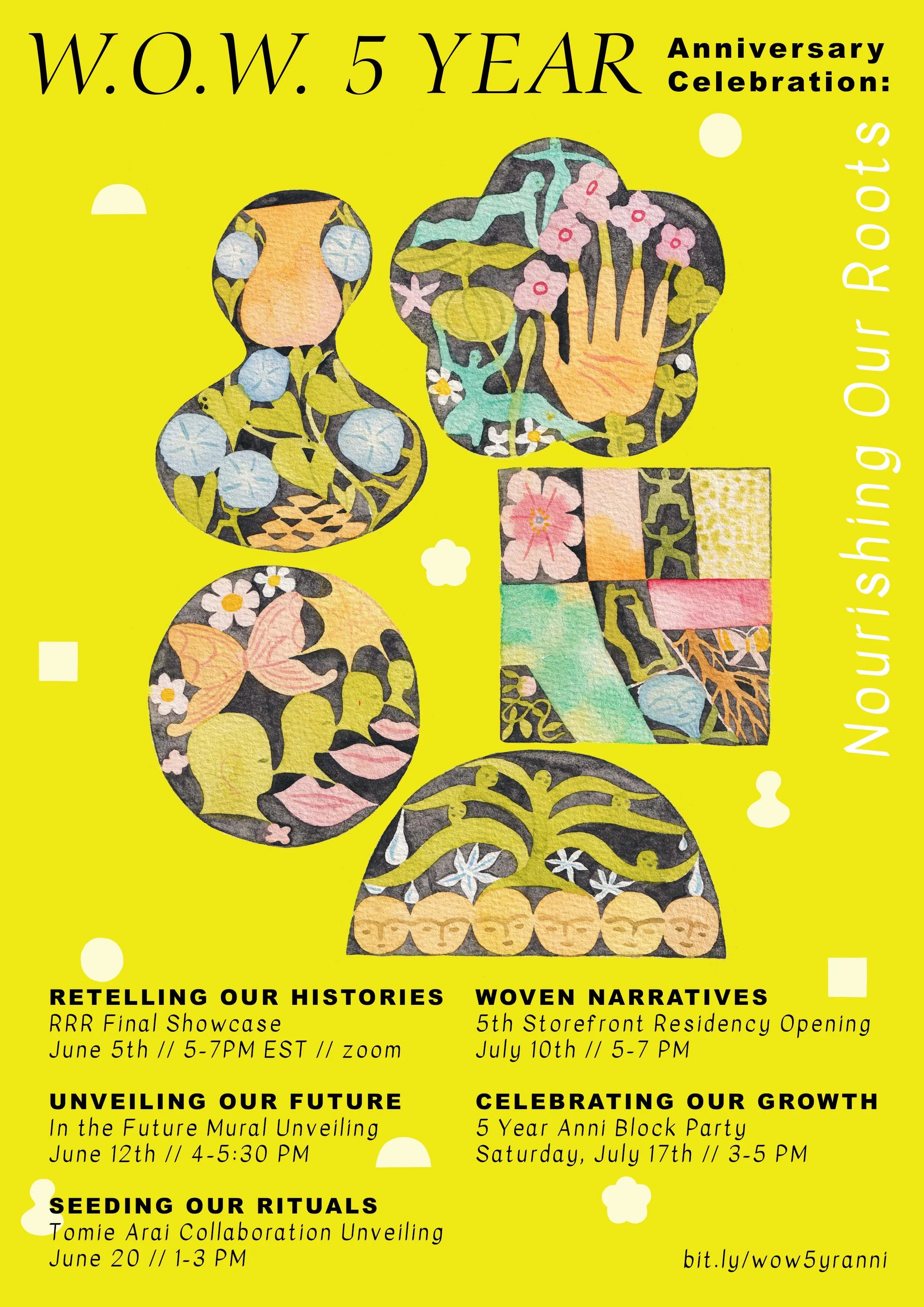 Bright yellow poster celebrating five years of WOW with colorful, abstract, patterned shapes representing women and growth, announcing events like retreats, unveiling, rituals, a storefront opening, and a block party.