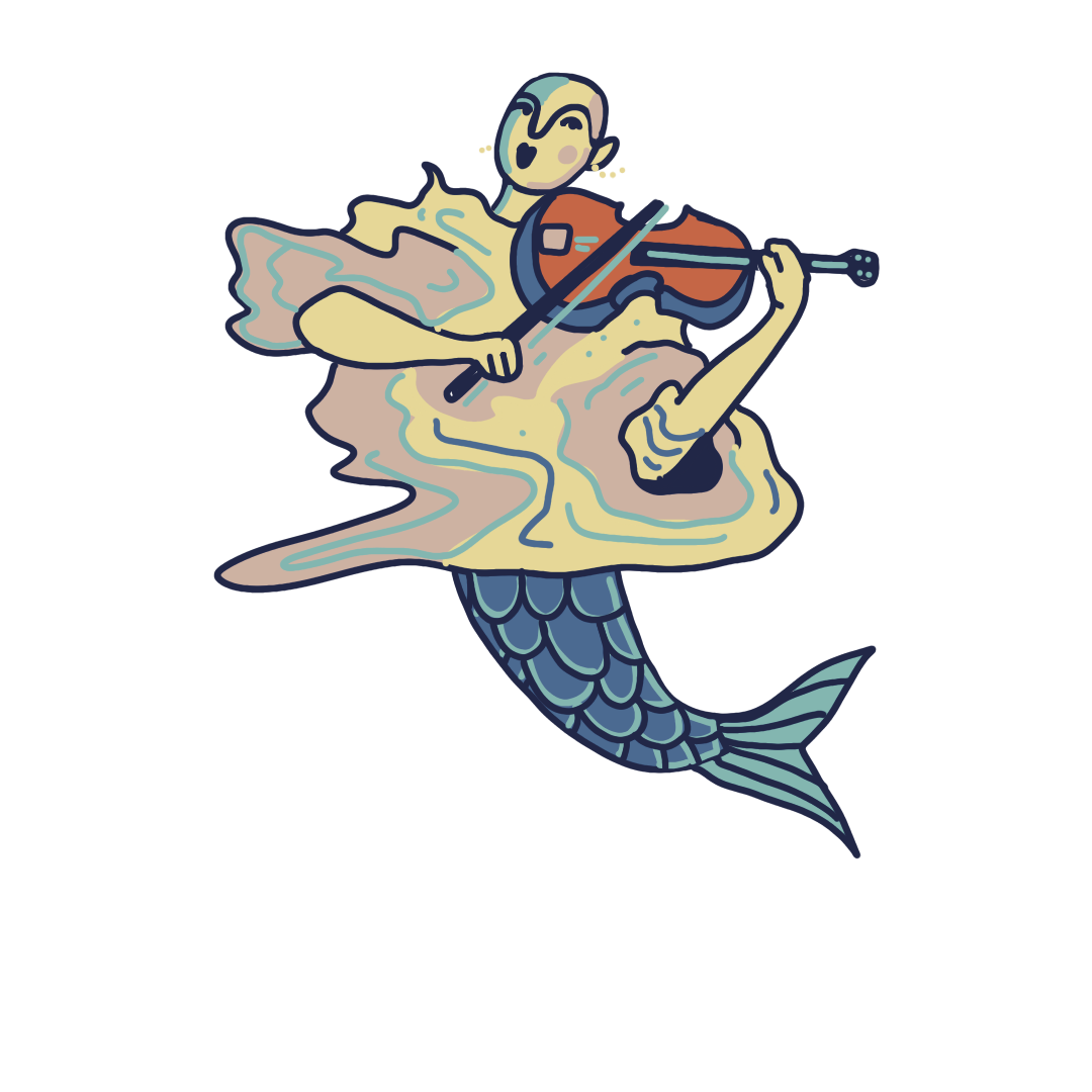 A whimsical illustration of a mermaid with human upper body and fish tail, playing a red violin, with flowing hair and a happy expression.