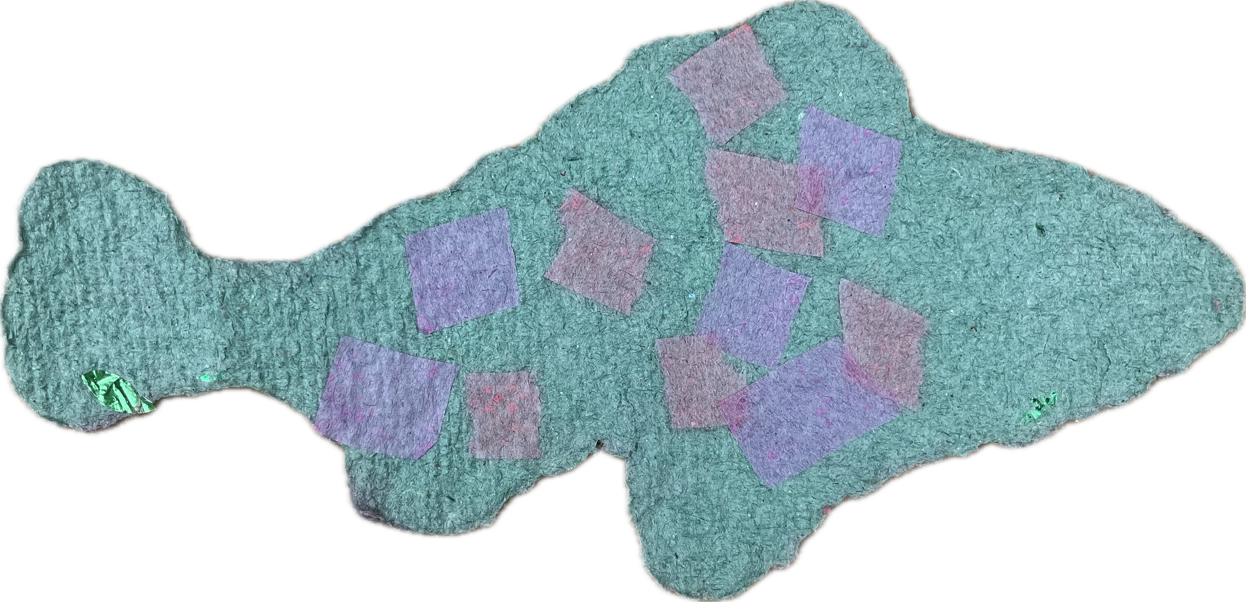 A greenish-blue wish with iridescent purple, pink, and green rectangular shapes embedded within it.