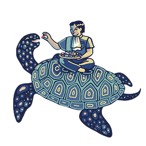 Cartoon of a girl with glasses sitting on a turtle-shaped spaceship against a black background.