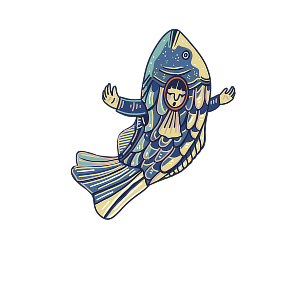 A cartoon-style fish with robotic and mechanical features, depicted with arms and an intricate design in shades of blue and gray.