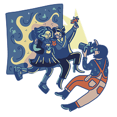 An illustration of a witch and a young girl sitting together, with the witch holding a wand and a potion bottle, surrounded by a starry night background.