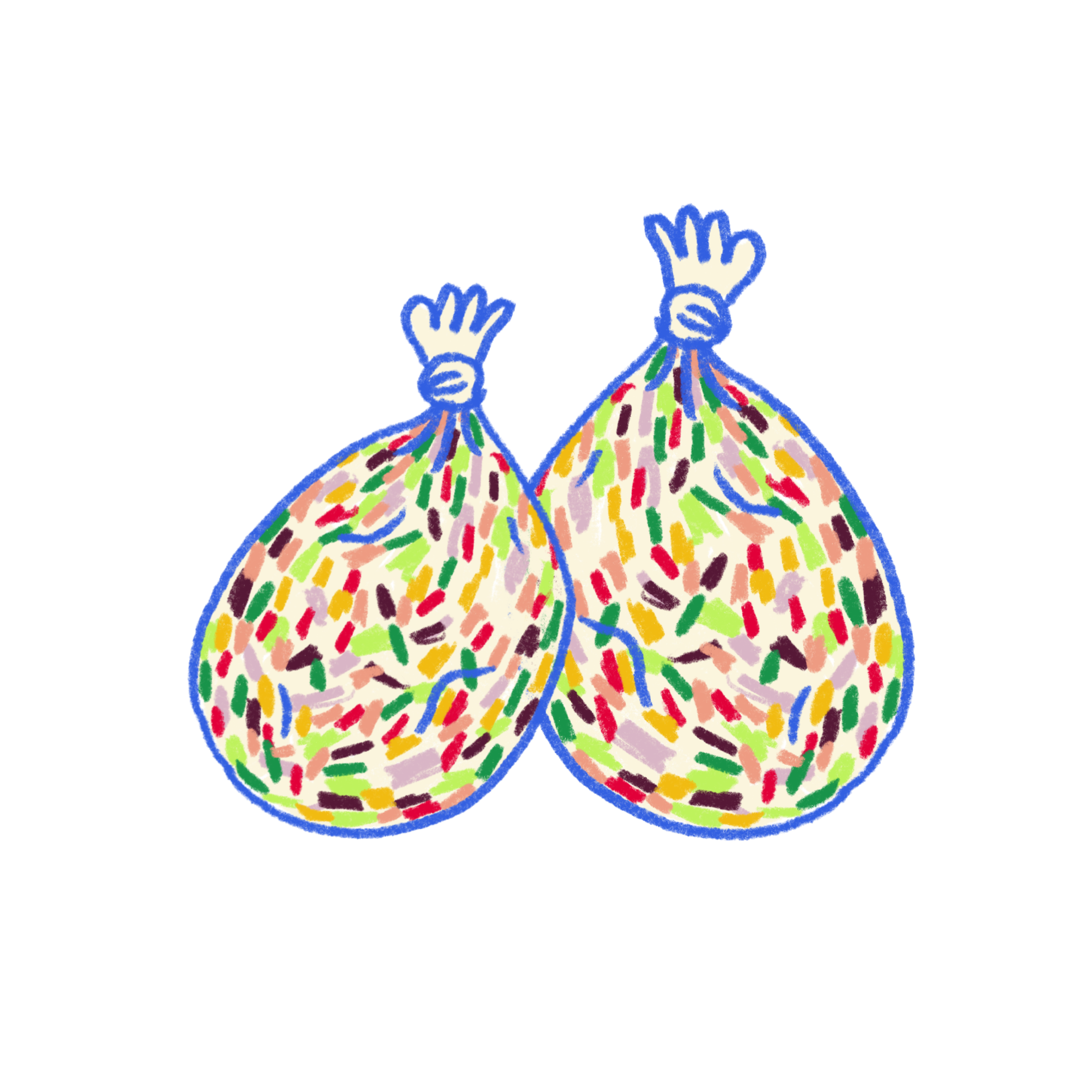 Colorful illustration of two sacks filled with multicolored sprinkles, tied at the top with strings, and having blue gloves at the tied ends.