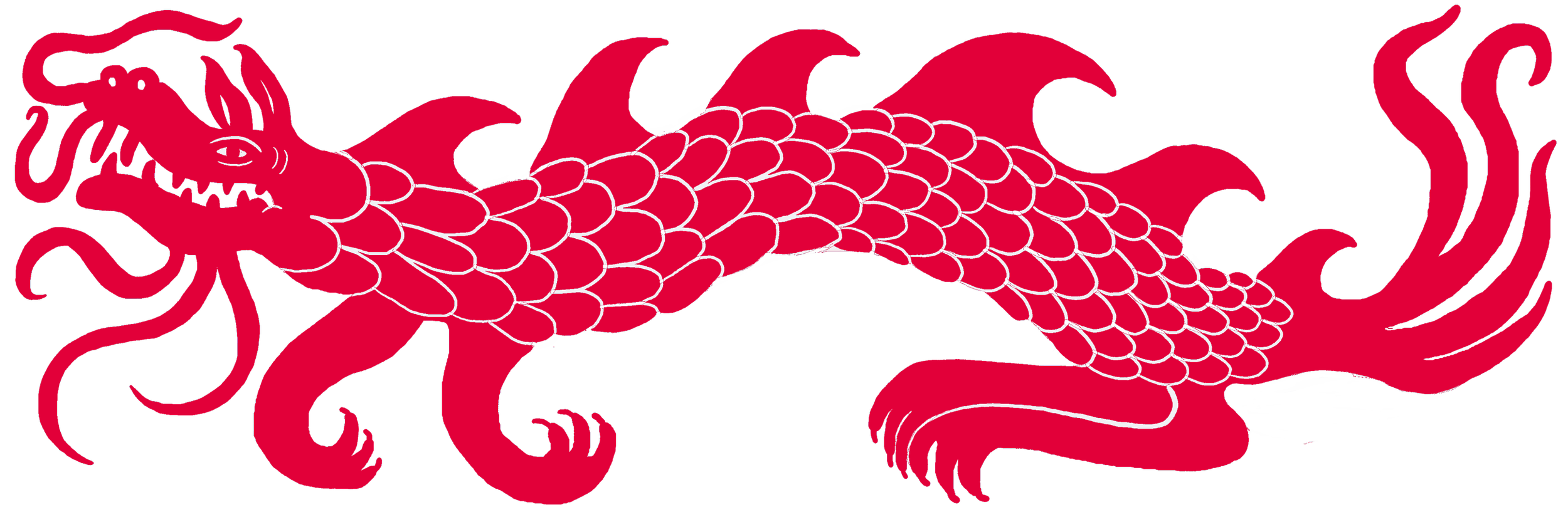 A red, stylized Chinese dragon with intricate scale details and a fierce expression against a black background.