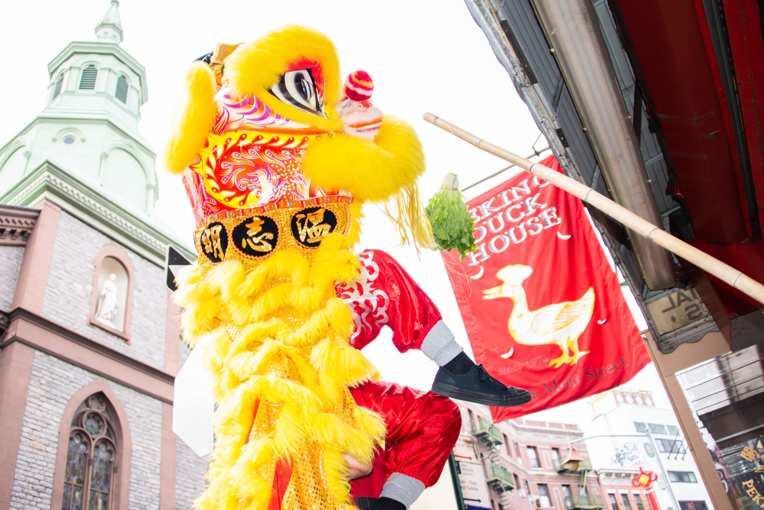 Lion dance performer in a yellow costume holding lettuce, with a hanging red banner featuring a duck and the words "Duck House" in Chinatown.