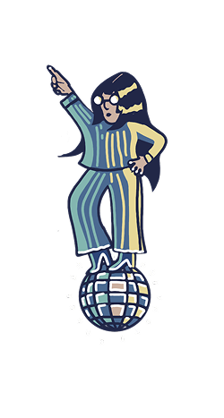Cartoon woman with glasses and striped outfit balancing on a globe, pointing upward.